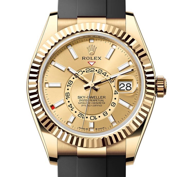 Rolex Sky-dweller 42mm 18k Yellow Gold Champagne Dial Oysterflex
