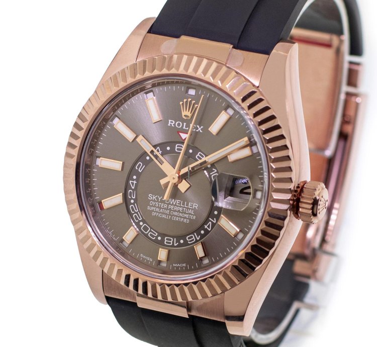 Rolex Sky-dweller 42mm Everose Gold Chocolate Index Dial Fluted Bezel 326235
