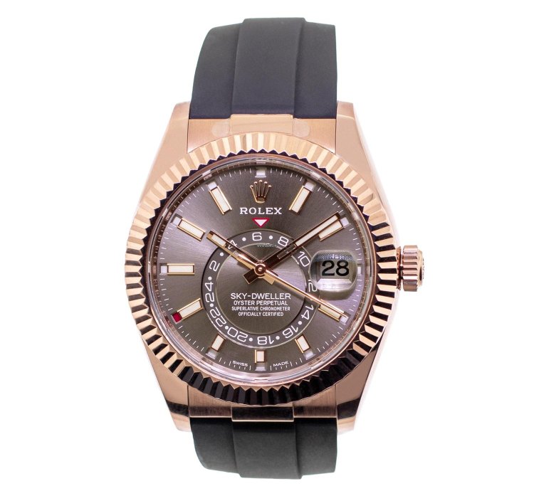 Rolex Sky-dweller 42mm Everose Gold Chocolate Index Dial Fluted Bezel 326235