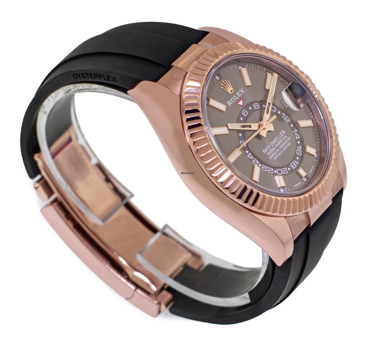 Rolex Sky-dweller 42mm Everose Gold Chocolate Index Dial Fluted Bezel 326235