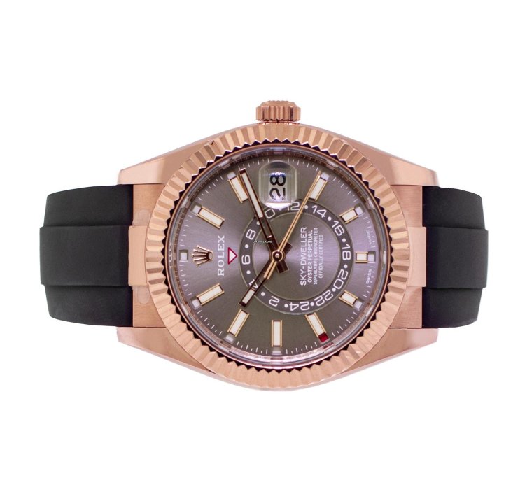Rolex Sky-dweller 42mm Everose Gold Chocolate Index Dial Fluted Bezel 326235