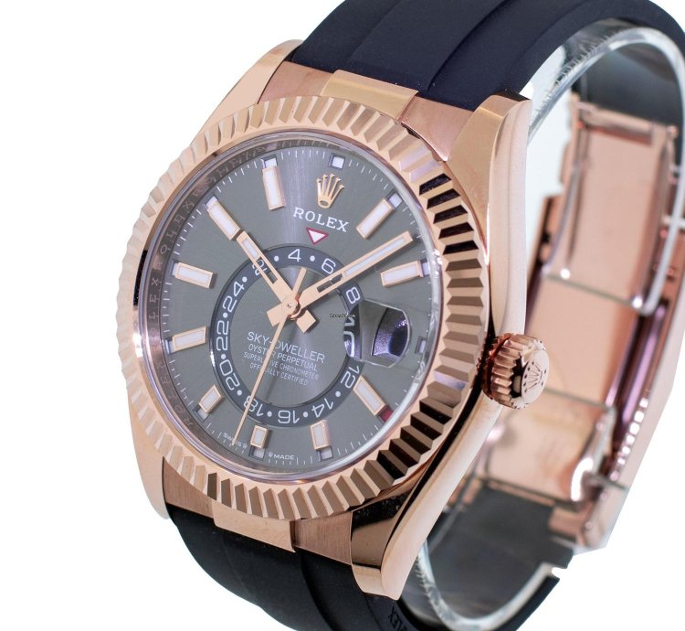 Rolex Sky-dweller 42mm Everose Gold Rhodium Index Dial Fluted Bezel 336235