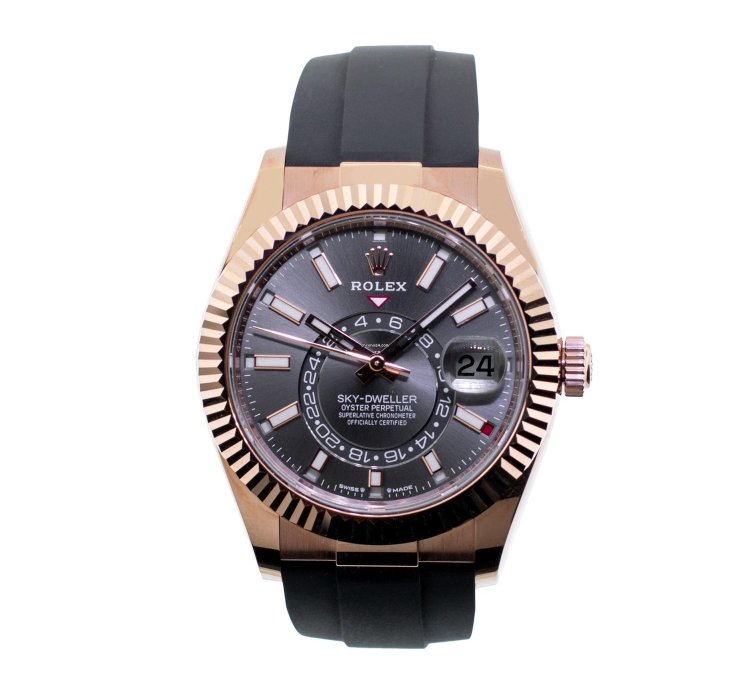 Rolex Sky-dweller 42mm Everose Gold Rhodium Index Dial Fluted Bezel 336235