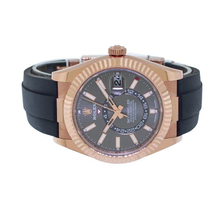 Rolex Sky-dweller 42mm Everose Gold Rhodium Index Dial Fluted Bezel 336235