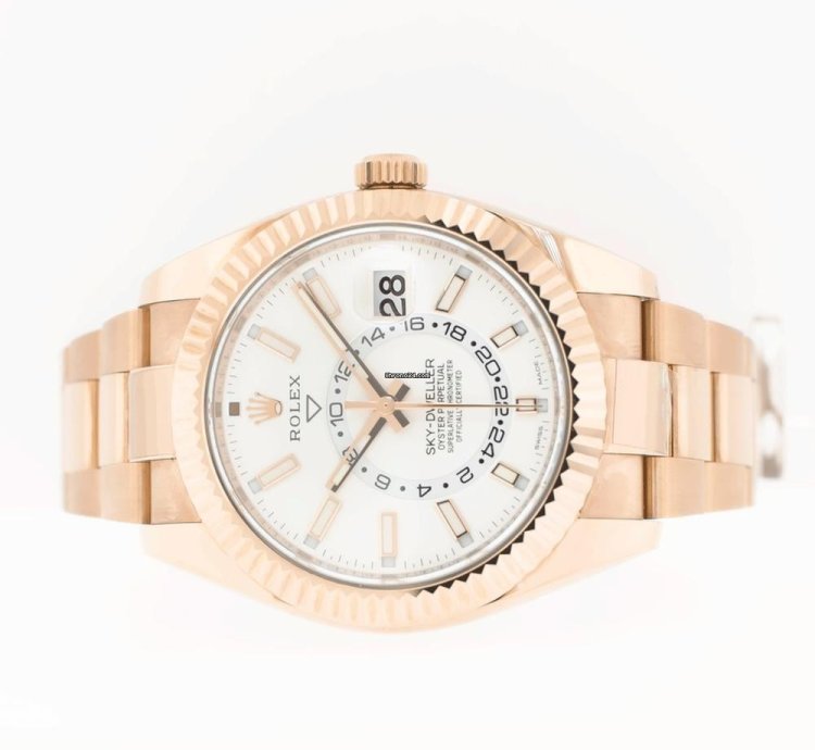 Rolex Sky-dweller 42mm Everose Gold White Index Dial Fluted Bezel 326935