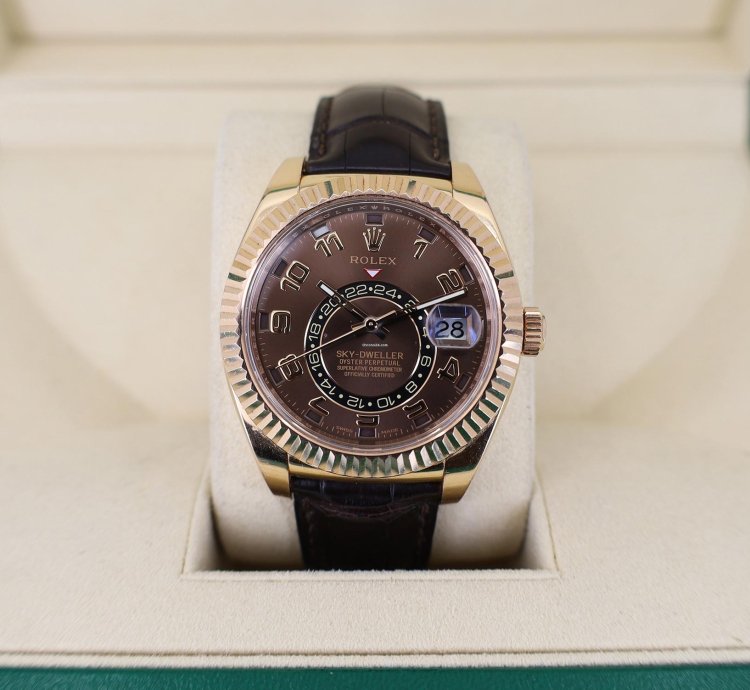 Rolex Sky-dweller 42mm Fluted Bezel Chocolate Sunray Arabic Dial Leather Band 326135