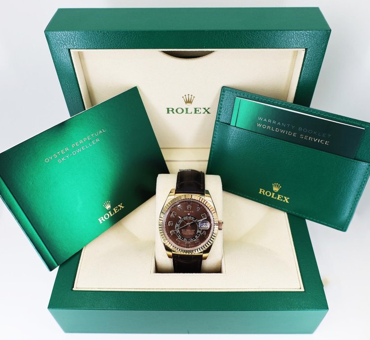 Rolex Sky-dweller 42mm Fluted Bezel Chocolate Sunray Arabic Dial Leather Band 326135