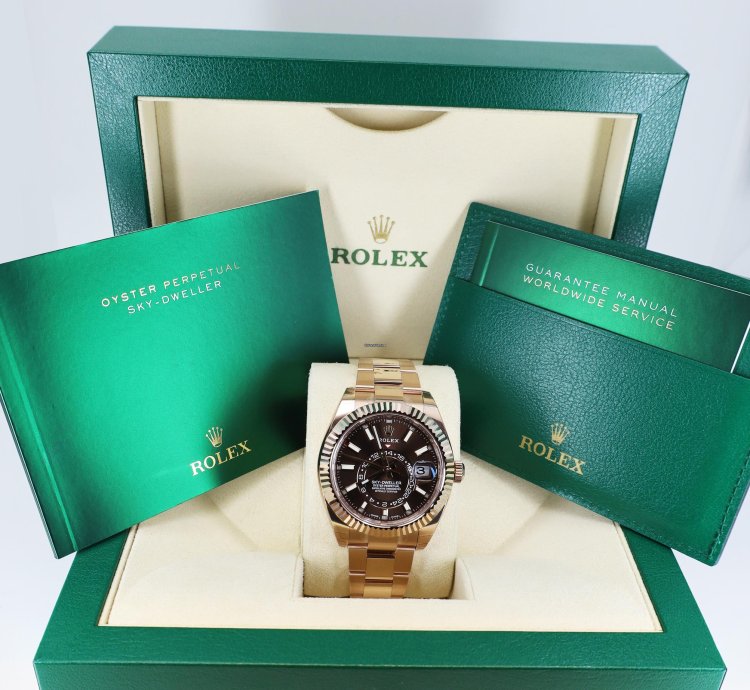 Rolex Sky-dweller 42mm Fluted Bezel Everose Gold Chocolate Index Dial Oyster Band 326935