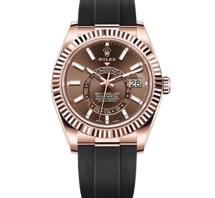 Rolex Sky-dweller 42mm Fluted Bezel Everose Gold Chocolate Index Dial Oysterflex Band 336235
