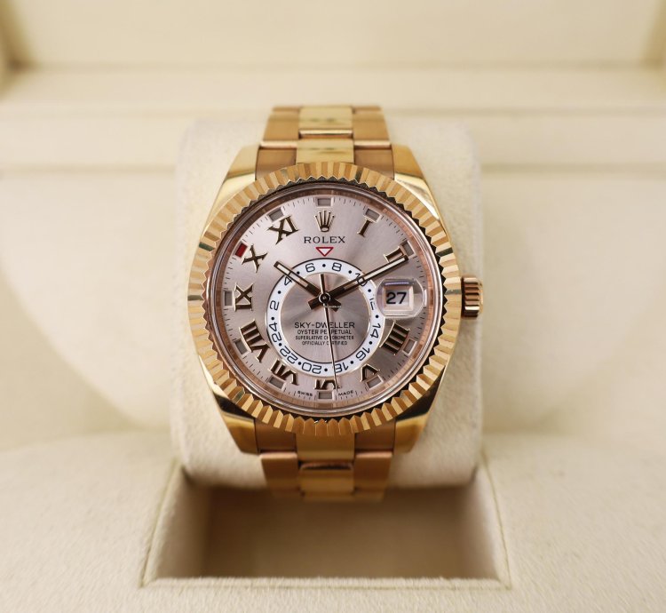 Rolex Sky-dweller 42mm Fluted Bezel Everose Gold Pink Roman Arabic Dial Oyster Band 326935