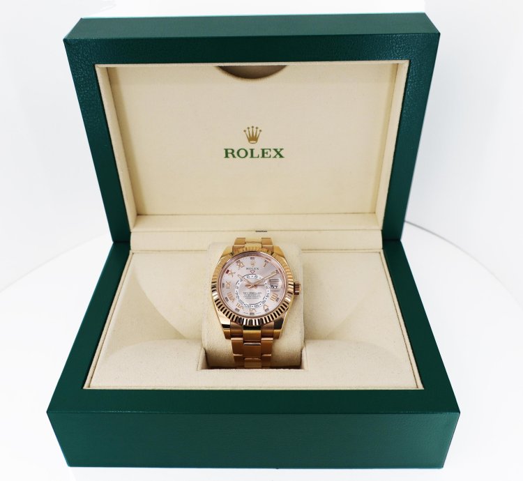Rolex Sky-dweller 42mm Fluted Bezel Everose Gold Pink Roman Arabic Dial Oyster Band 326935