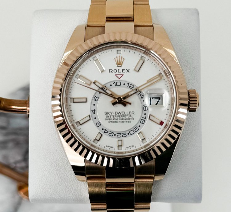 Rolex Sky-dweller 42mm Fluted Bezel Everose Gold White Index Dial Oyster Band 326935