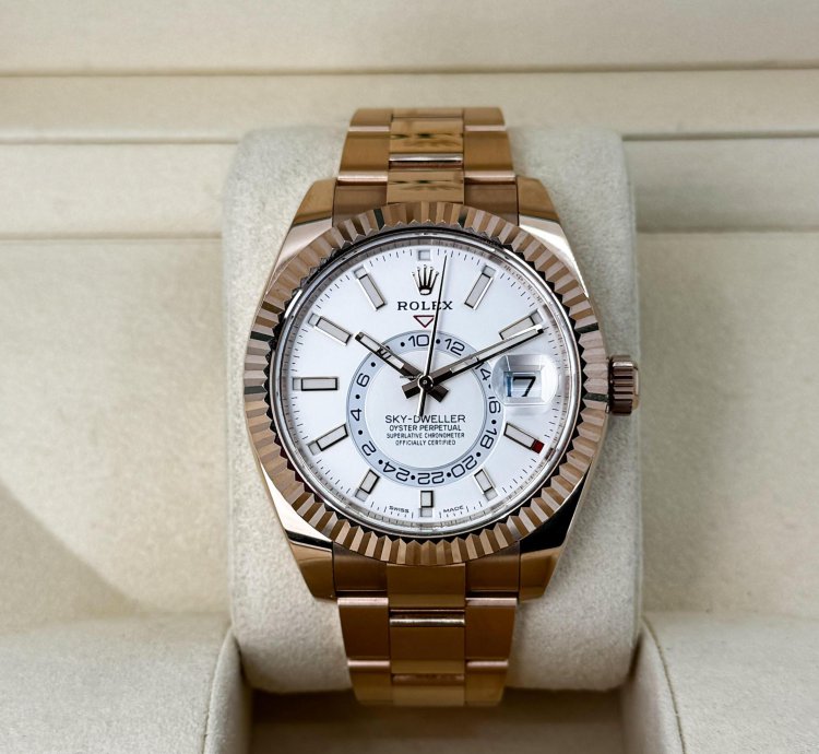 Rolex Sky-dweller 42mm Fluted Bezel Everose Gold White Index Dial Oyster Band 326935