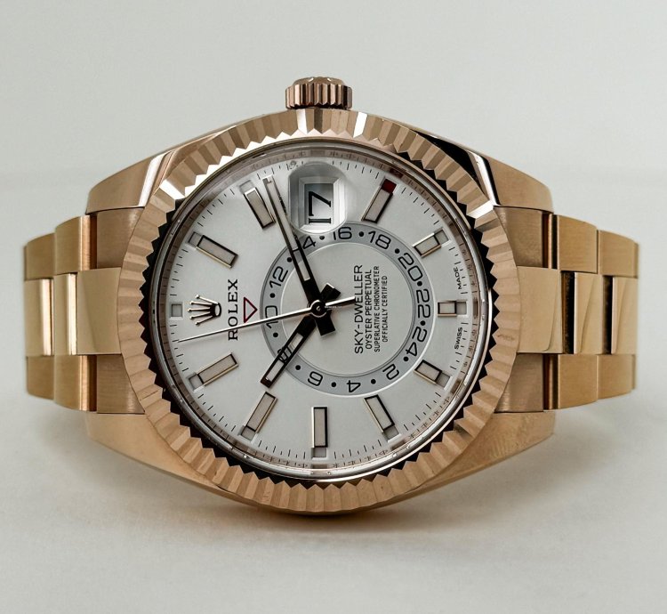 Rolex Sky-dweller 42mm Fluted Bezel Everose Gold White Index Dial Oyster Band 326935