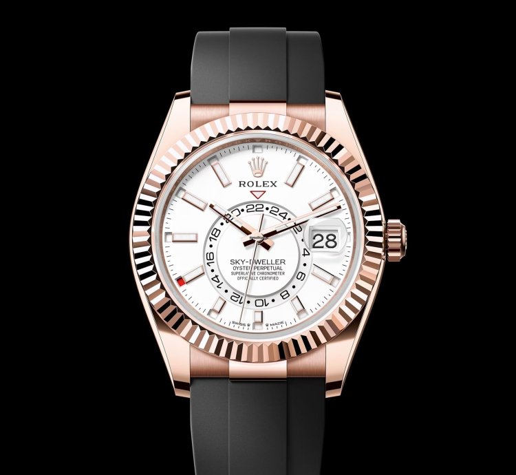 Rolex Sky-dweller 42mm Fluted Bezel Everose Gold White Index Dial Oysterflex Band 336235