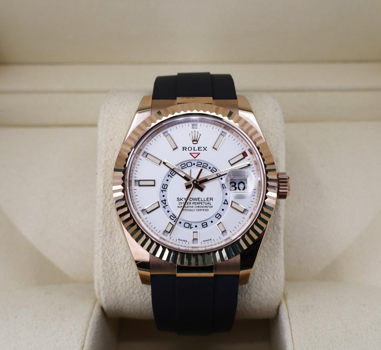 Rolex Sky-dweller 42mm Fluted Bezel Rose Gold White Index Dial Oysterflex Band 326235