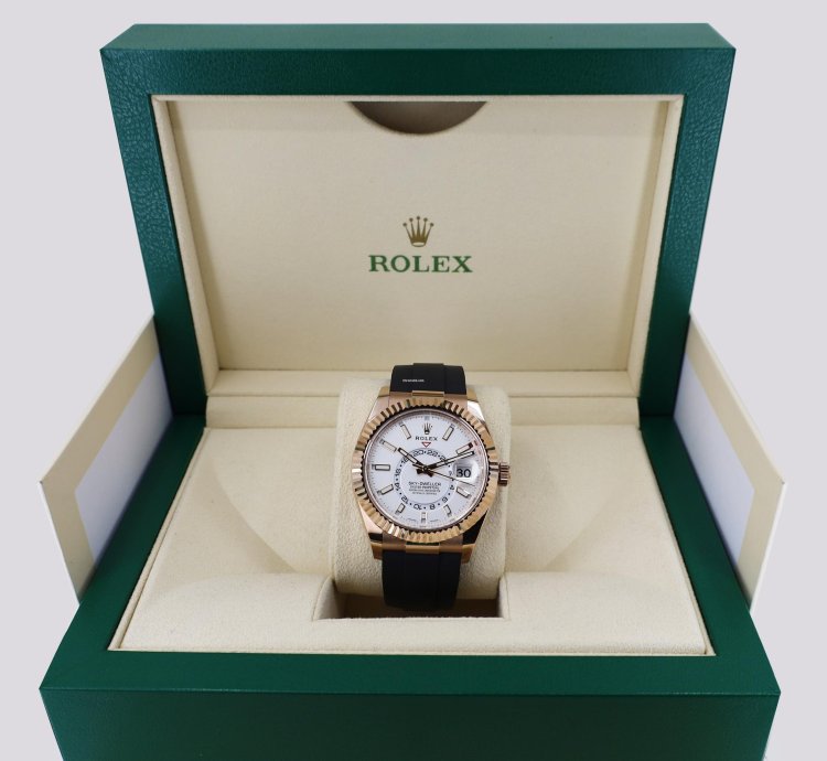 Rolex Sky-dweller 42mm Fluted Bezel Rose Gold White Index Dial Oysterflex Band 326235