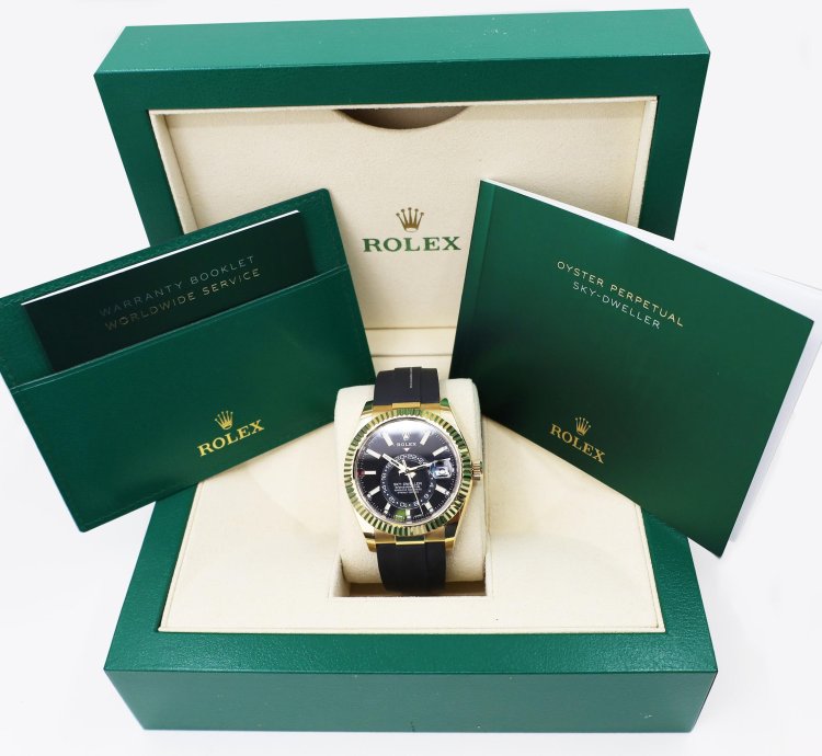 Rolex Sky-dweller 42mm Fluted Bezel Yellow Gold Black Index Dial Oysterflex Band 326238