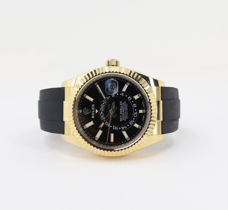 Rolex Sky-dweller 42mm Fluted Bezel Yellow Gold Black Index Dial Oysterflex Band 326238