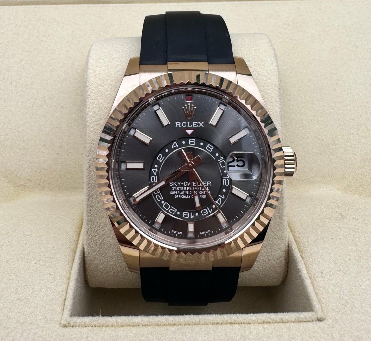 Rolex Sky-dweller 42mm Rose Gold Dark Rhodium Dial Oysterflex 326235