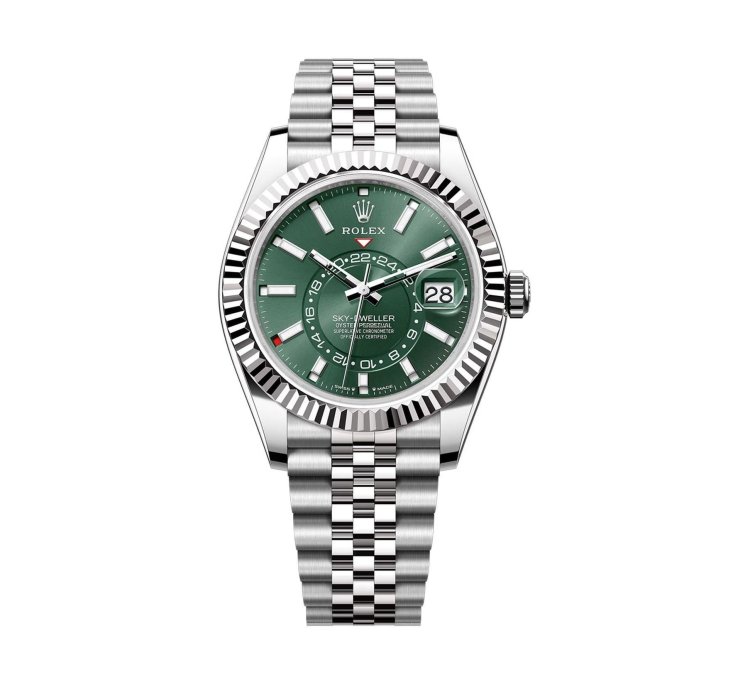 Rolex Sky-dweller 42mm Stainless Steel Green Dial 18k Fluted Bezel Jubilee Bracelet