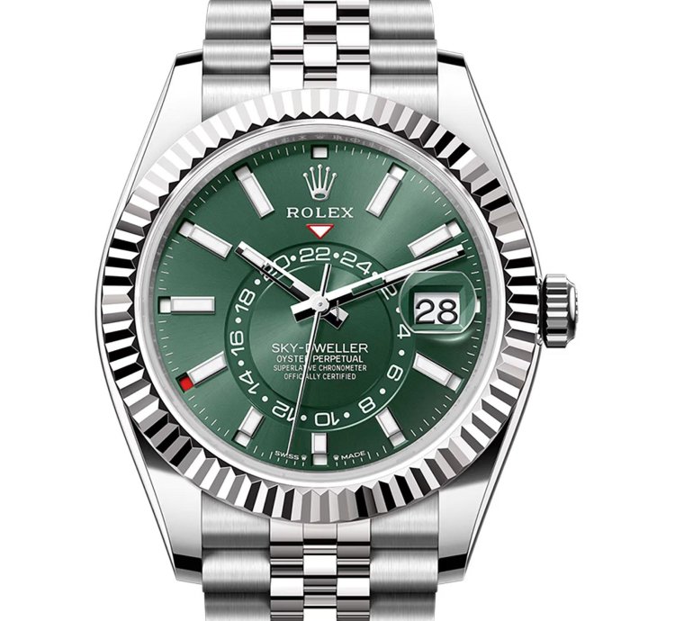 Rolex Sky-dweller 42mm Stainless Steel Green Dial 18k Fluted Bezel Jubilee Bracelet