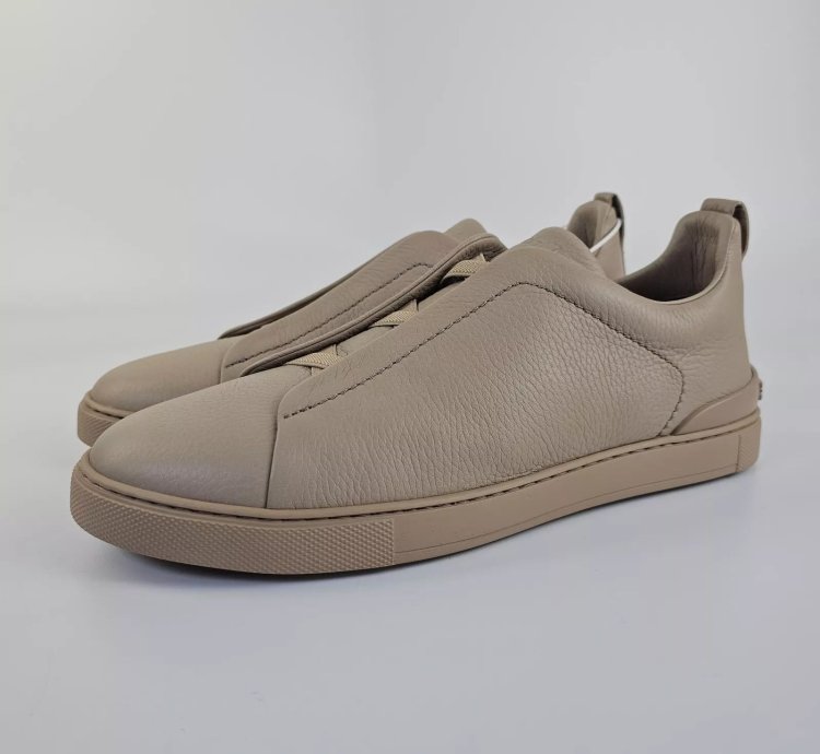 Zegna Triple Stitch Off White Leather Low Top Sneakers New