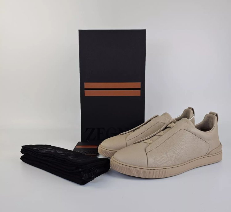 Zegna Triple Stitch Off White Leather Low Top Sneakers New