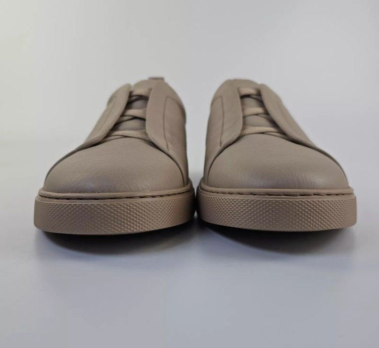Zegna Triple Stitch Off White Leather Low Top Sneakers New