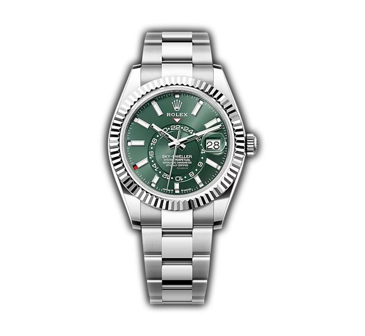 Rolex Sky-dweller 42mm Stainless Steel Green Dial 18k Fluted Bezel Oyster Bracelet