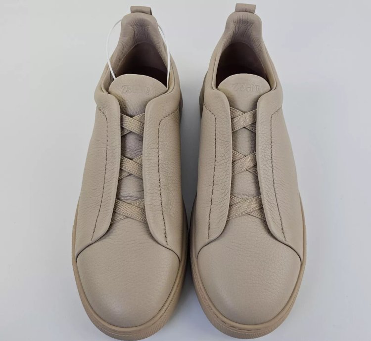 Zegna Triple Stitch Off White Leather Low Top Sneakers New