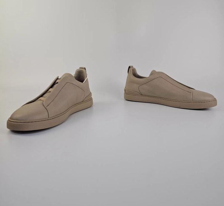 Zegna Triple Stitch Off White Leather Low Top Sneakers New