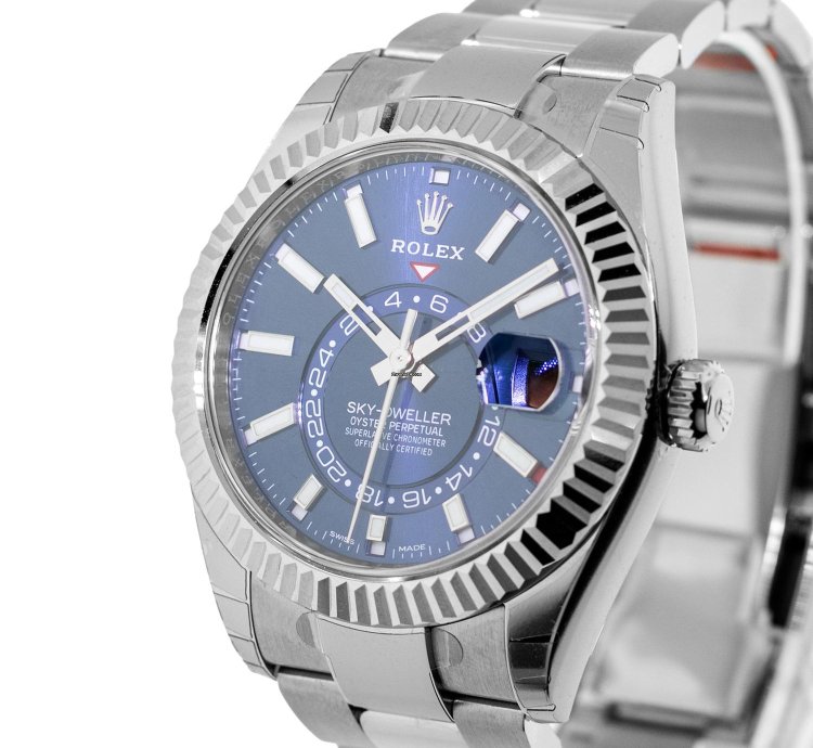 Rolex Sky-dweller 42mm White Gold Steel Blue Index Dial Fluted Bezel 336934