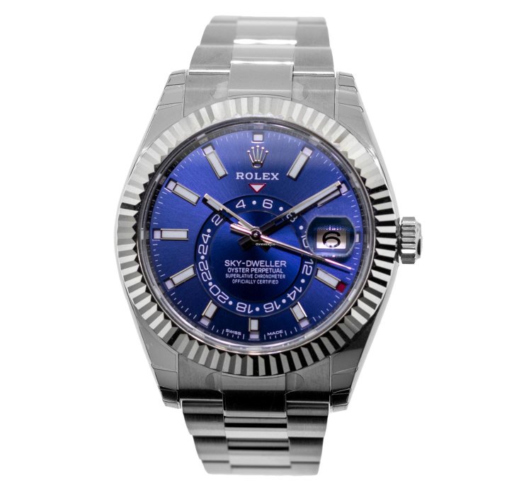 Rolex Sky-dweller 42mm White Gold Steel Blue Index Dial Fluted Bezel 336934
