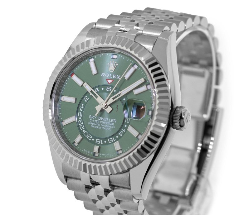 Rolex Sky-dweller 42mm White Gold Steel Green Index Dial Fluted Bezel 336934