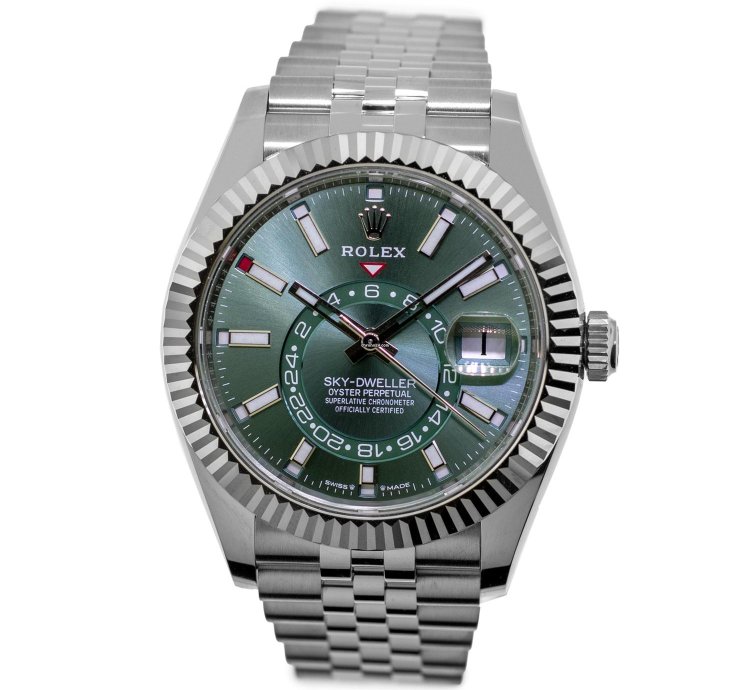 Rolex Sky-dweller 42mm White Gold Steel Green Index Dial Fluted Bezel 336934