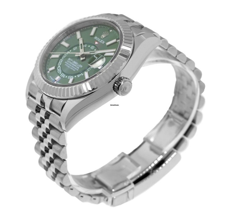 Rolex Sky-dweller 42mm White Gold Steel Green Index Dial Fluted Bezel 336934