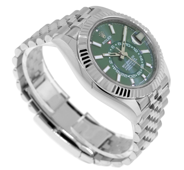 Rolex Sky-dweller 42mm White Gold Steel Green Index Dial Fluted Bezel 336934