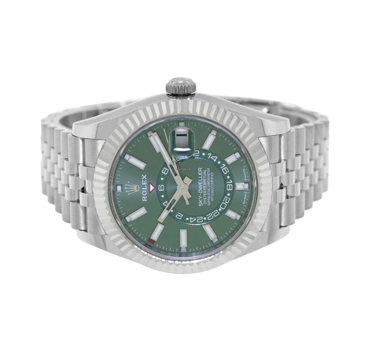 Rolex Sky-dweller 42mm White Gold Steel Green Index Dial Fluted Bezel 336934