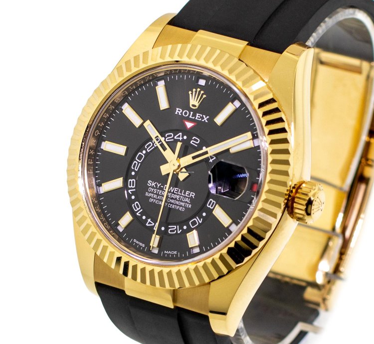 Rolex Sky-dweller 42mm Yellow Gold Black Index Dial Fluted Bezel 326238
