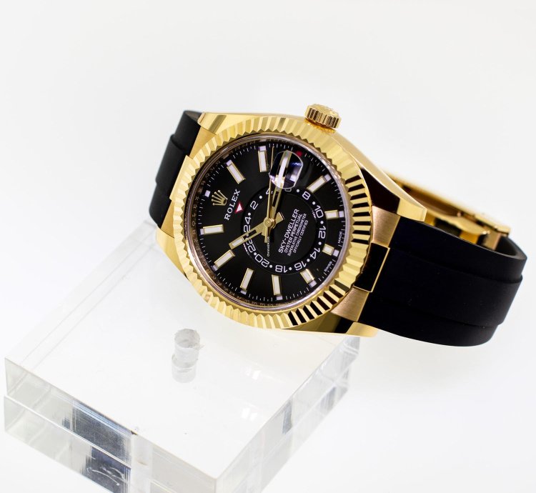 Rolex Sky-dweller 42mm Yellow Gold Black Index Dial Fluted Bezel 326238