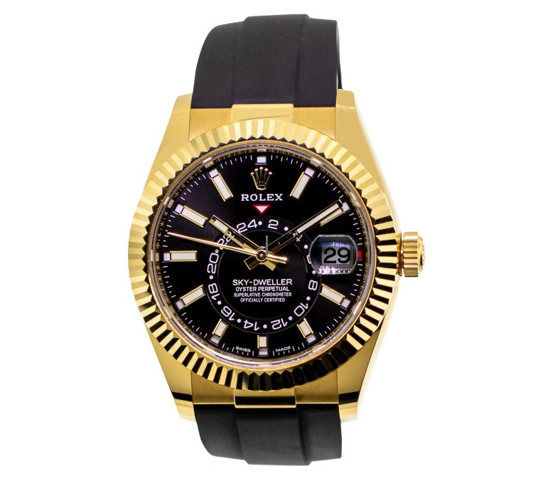 Rolex Sky-dweller 42mm Yellow Gold Black Index Dial Fluted Bezel 326238