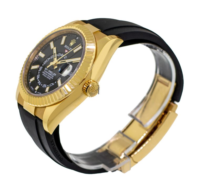 Rolex Sky-dweller 42mm Yellow Gold Black Index Dial Fluted Bezel 326238