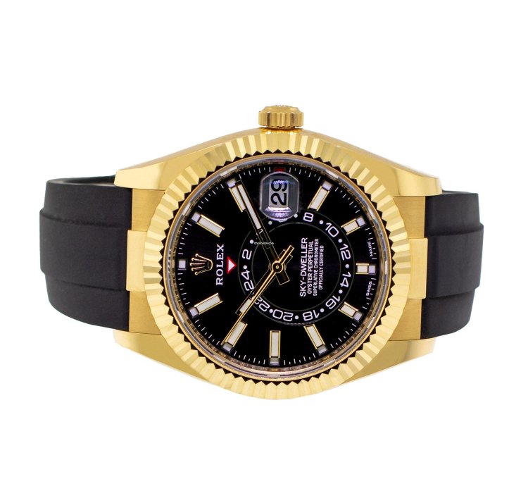Rolex Sky-dweller 42mm Yellow Gold Black Index Dial Fluted Bezel 326238