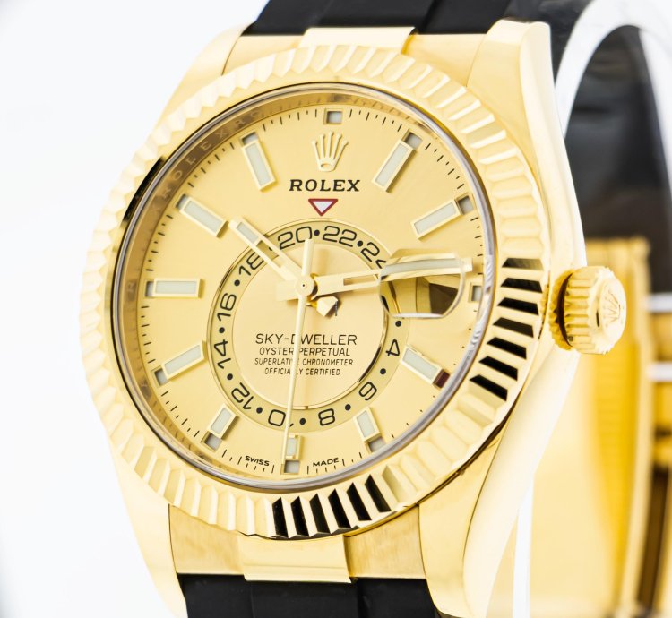 Rolex Sky-dweller 42mm Yellow Gold Champagne Index Dial Fluted Bezel 326238
