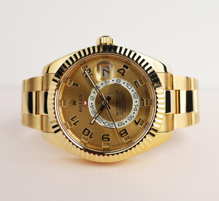 Rolex Sky-dweller 42mm Yellow Gold Fluted Bezel Champagne Arabic Dial 326938