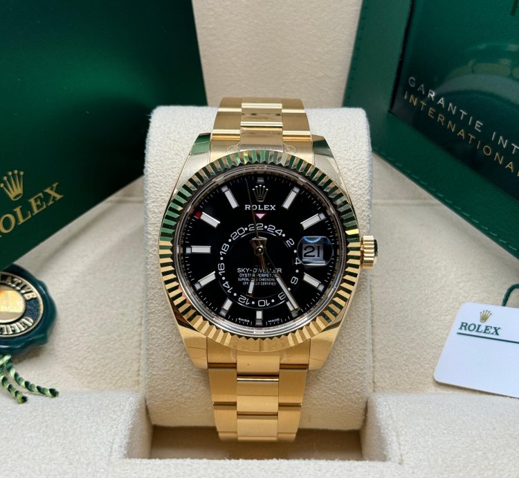 Rolex Sky-dweller New 2022 Black Dial Yellow Gold Fluted Bezel Oyster Bracelet