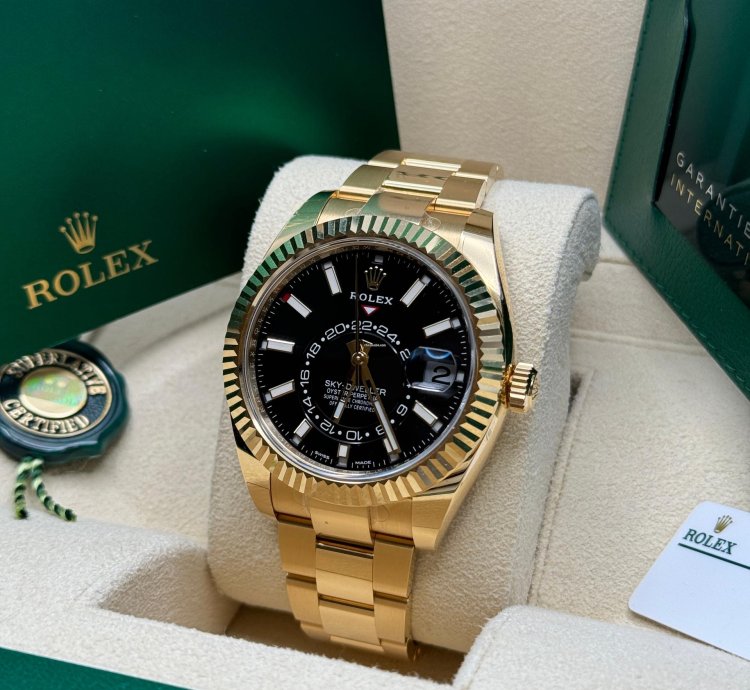 Rolex Sky-dweller New 2022 Black Dial Yellow Gold Fluted Bezel Oyster Bracelet