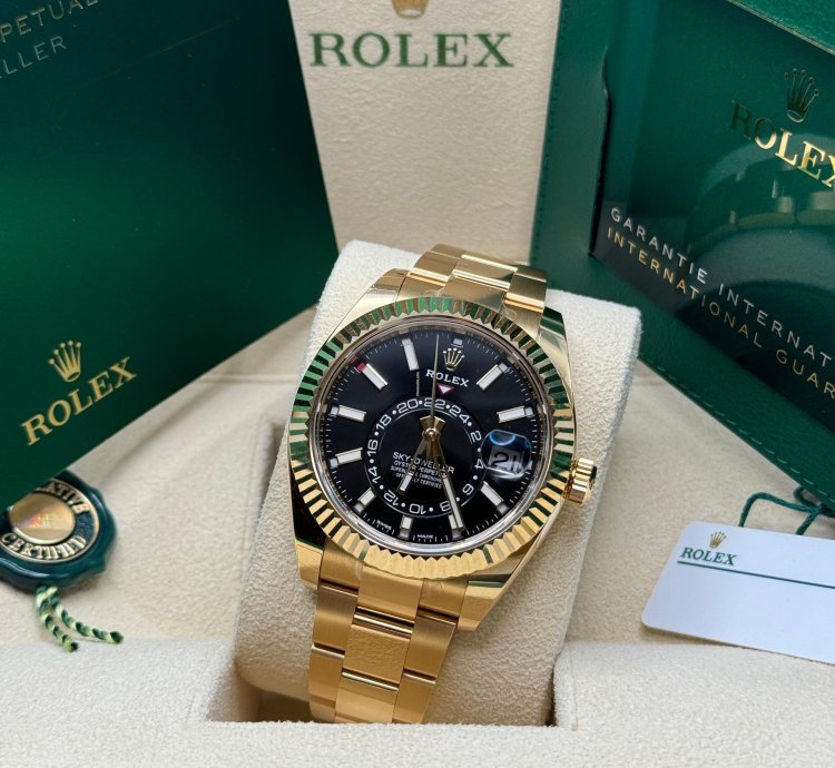 Rolex Sky-dweller New 2022 Black Dial Yellow Gold Fluted Bezel Oyster Bracelet