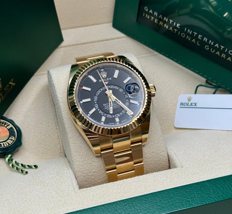 Rolex Sky-dweller New 2022 Black Dial Yellow Gold Fluted Bezel Oyster Bracelet